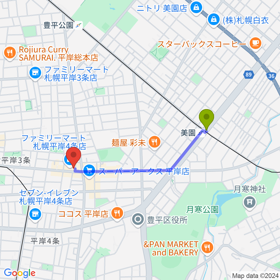 美園駅からフライアーパークへのルートマップ地図