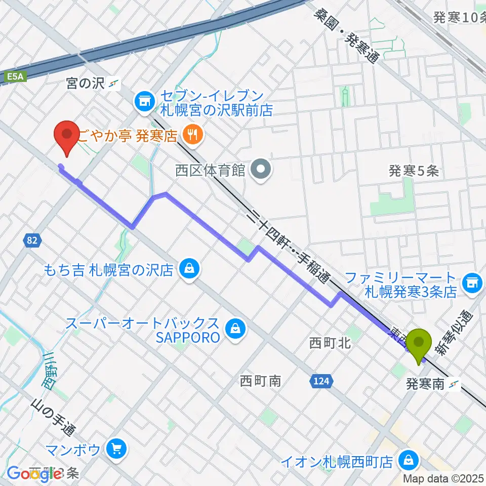 発寒南駅から札幌市生涯学習センター ちえりあへのルートマップ地図