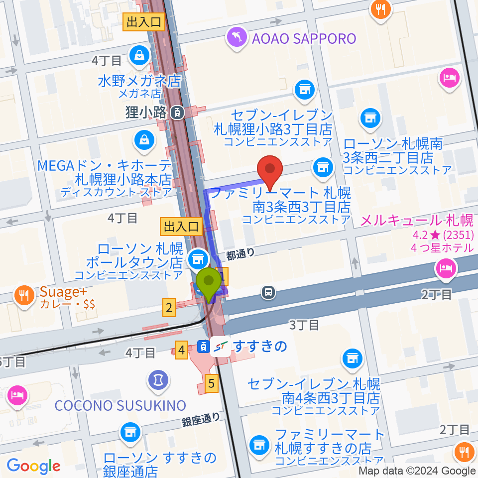 すすきの駅からジャズライヴ スローボートへのルートマップ地図