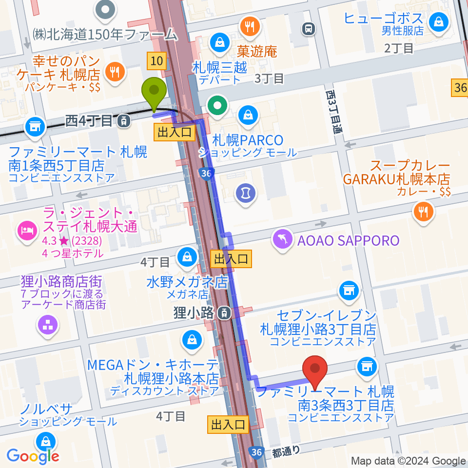 西４丁目駅からジャズライヴ スローボートへのルートマップ地図