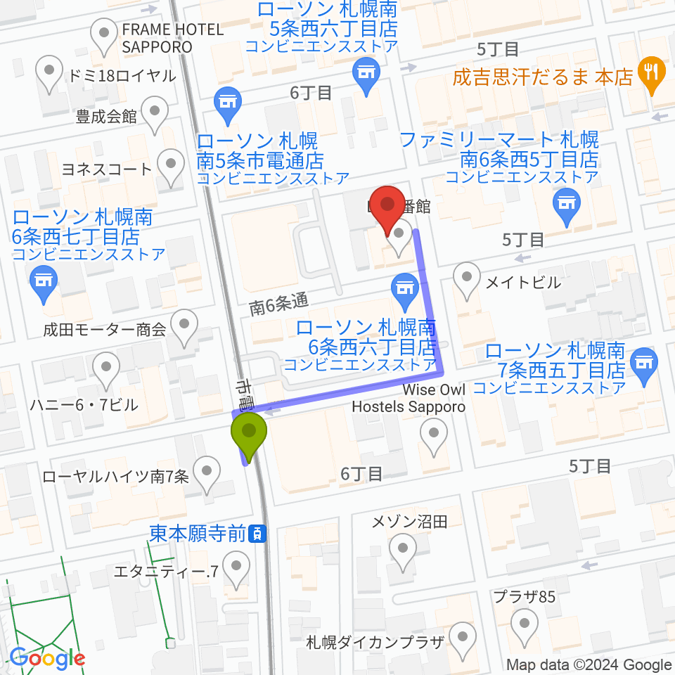 すすきのHOT TIMEの最寄駅東本願寺前駅からの徒歩ルート（約3分）地図