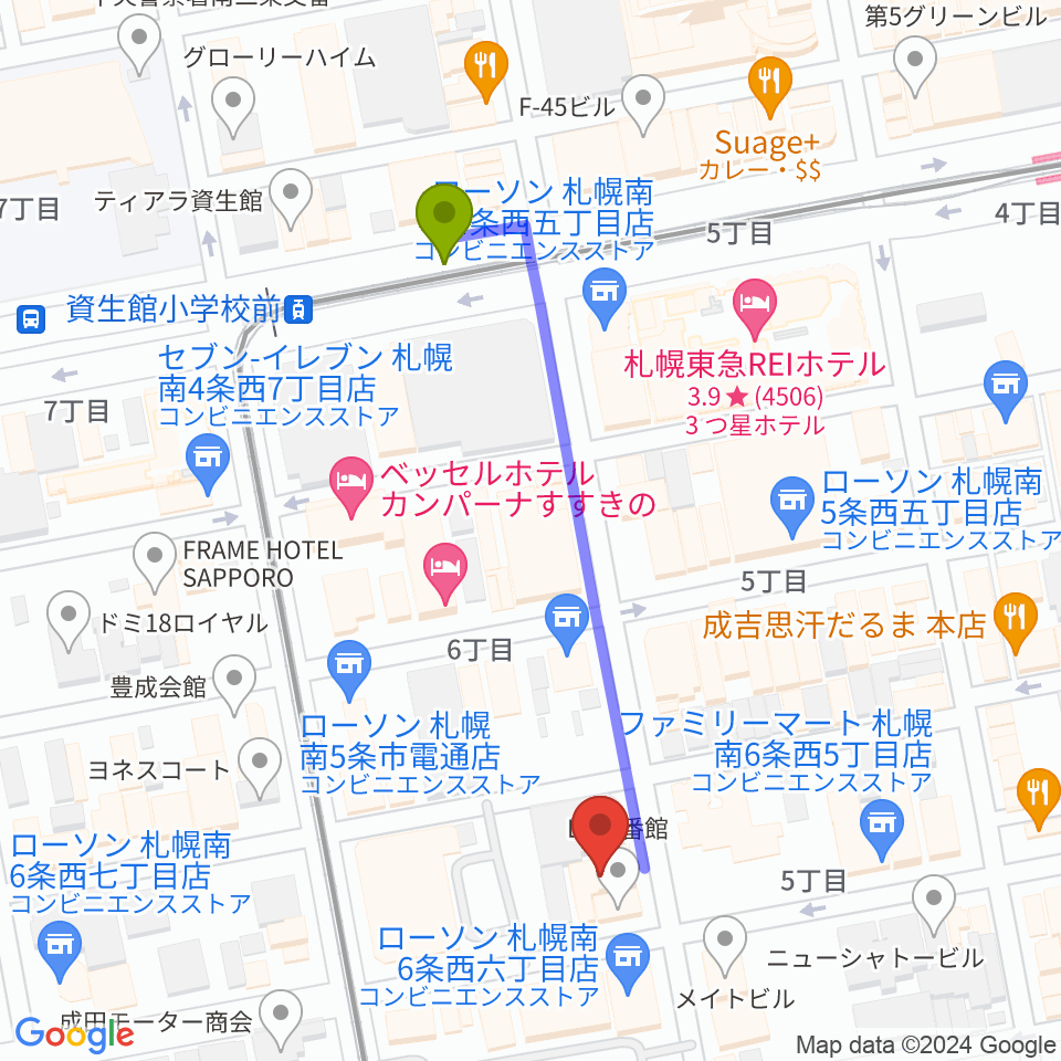 資生館小学校前駅からすすきのHOT TIMEへのルートマップ地図