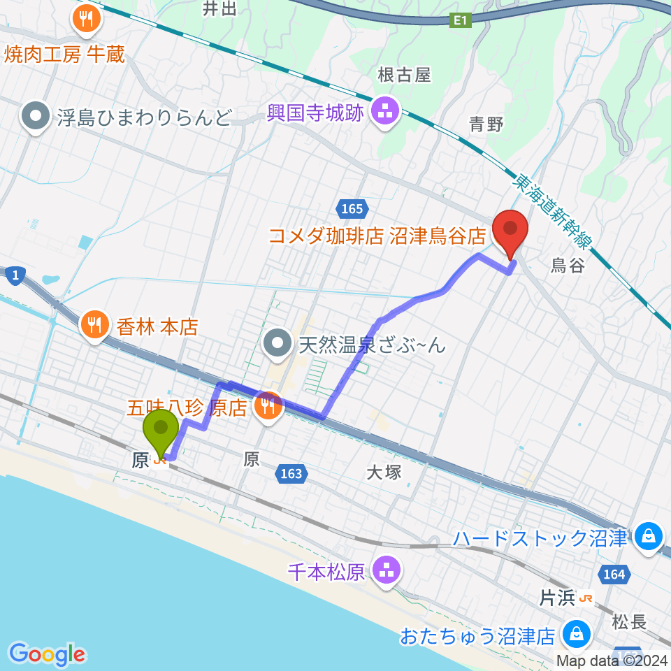 原駅からMUSIC LA FESTAへのルートマップ地図