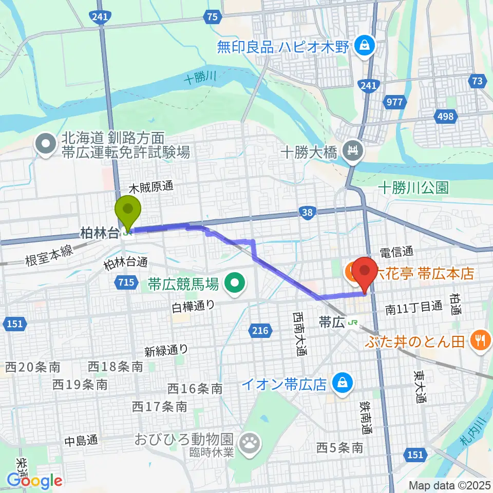 柏林台駅から帯広B♭M7へのルートマップ地図