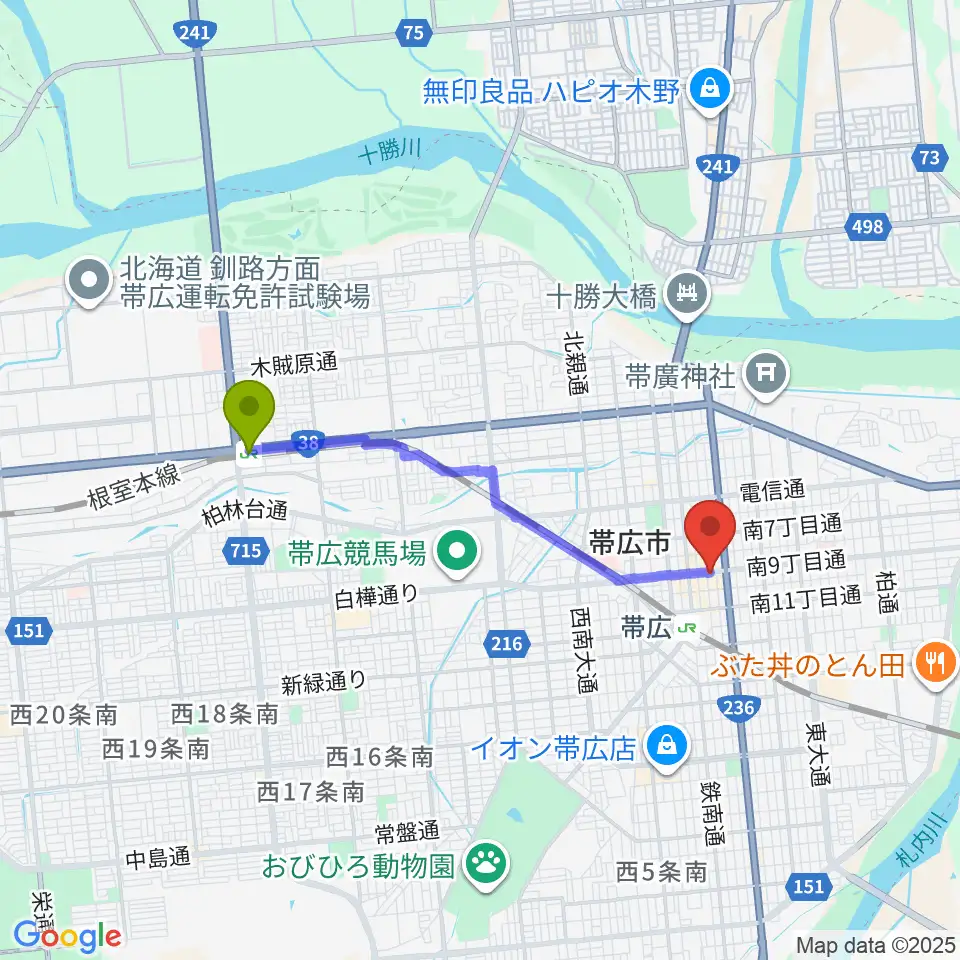 柏林台駅から帯広B♭M7へのルートマップ地図