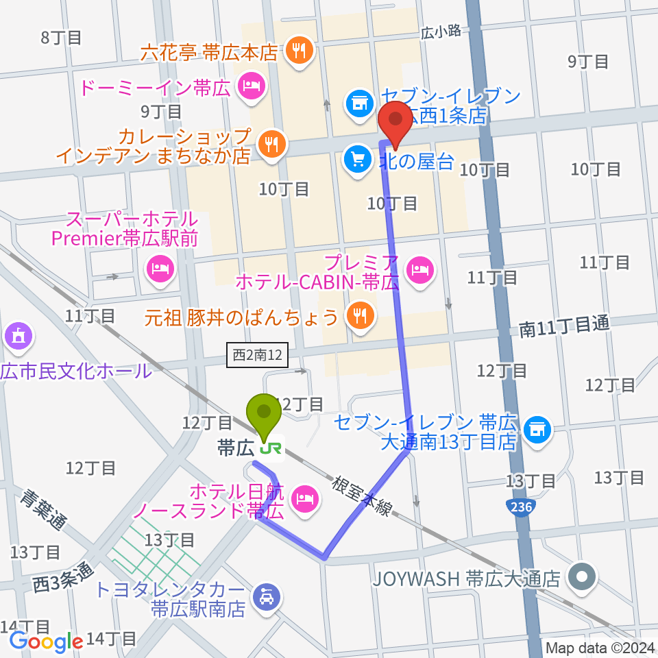 帯広B♭M7の最寄駅帯広駅からの徒歩ルート（約7分）地図