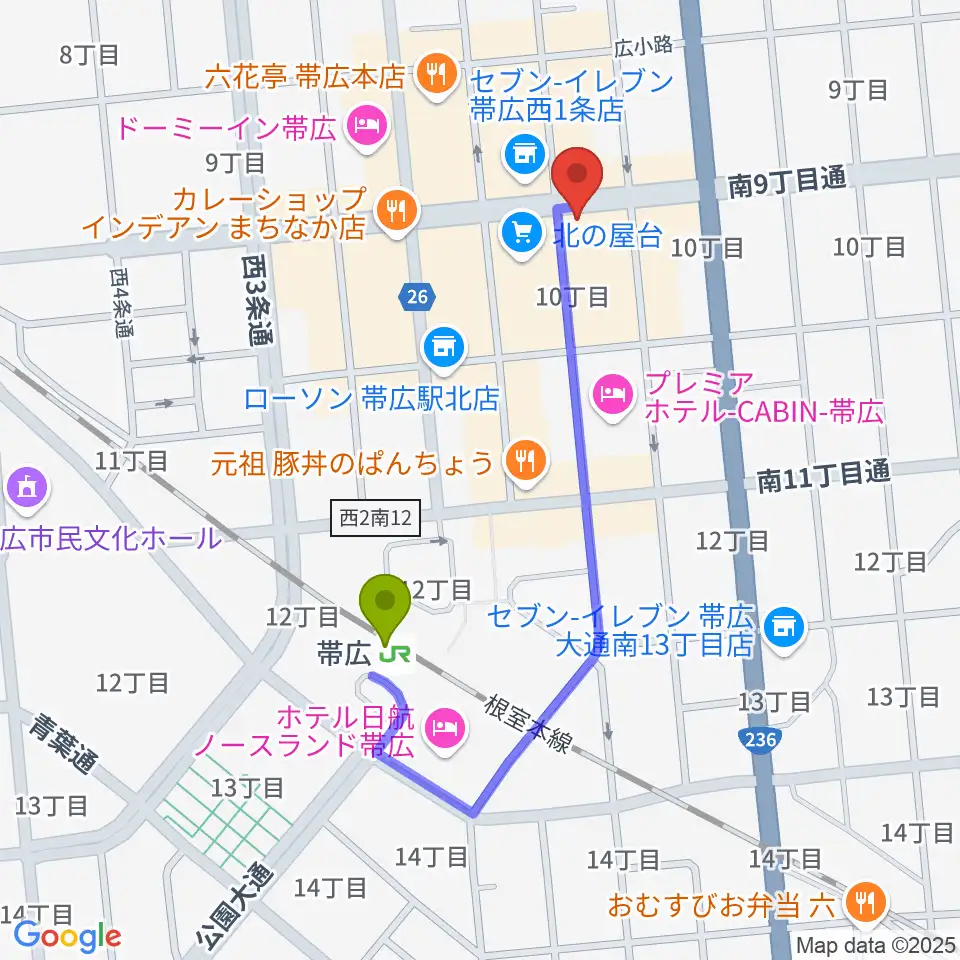 帯広B♭M7の最寄駅帯広駅からの徒歩ルート（約7分）地図