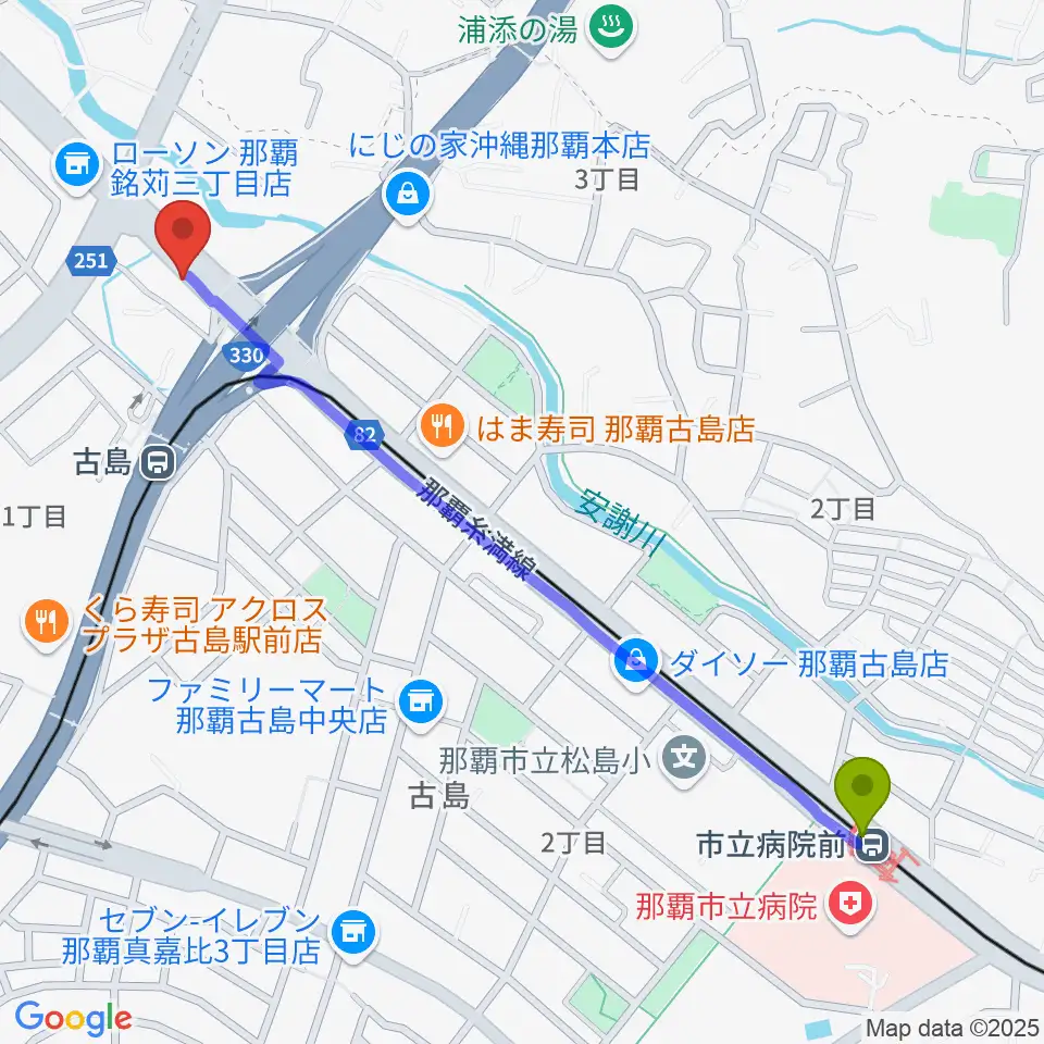 市立病院前駅からSTUDIO LiVS(スタジオ リヴス)へのルートマップ地図