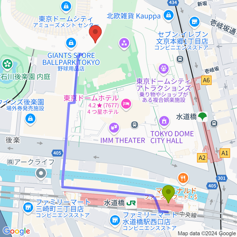 東京ドームの最寄駅水道橋駅からの徒歩ルート（約6分）地図