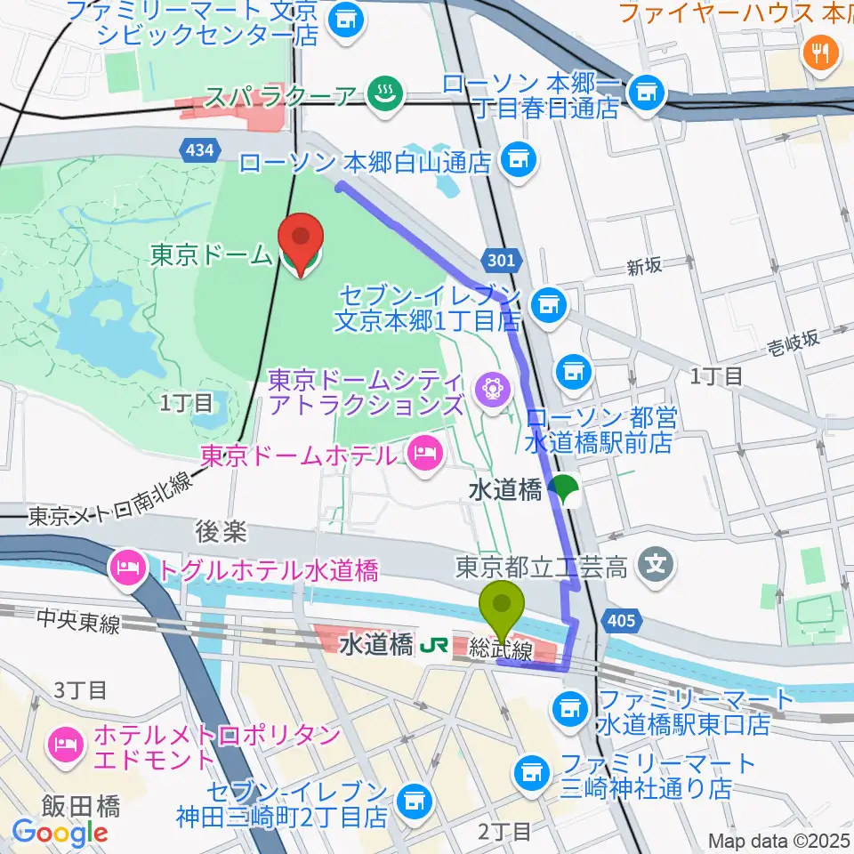 水道橋駅から東京ドームへのルートマップ地図