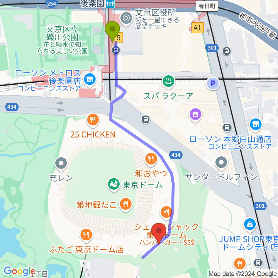 後楽園駅から東京ドームへのルートマップ地図