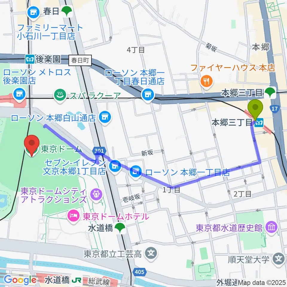 本郷三丁目駅から東京ドームへのルートマップ地図