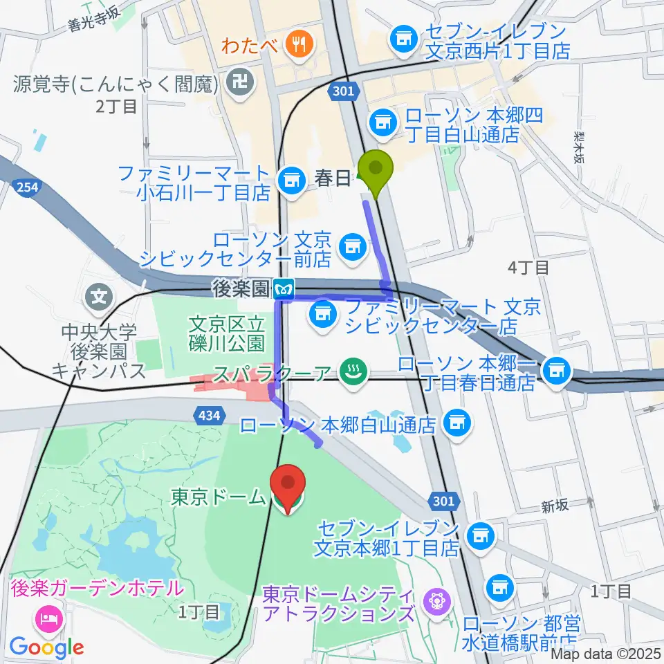 春日駅から東京ドームへのルートマップ地図