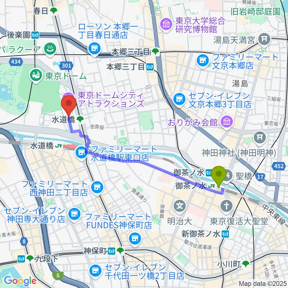 御茶ノ水駅から東京ドームシティホールへのルートマップ Mdata