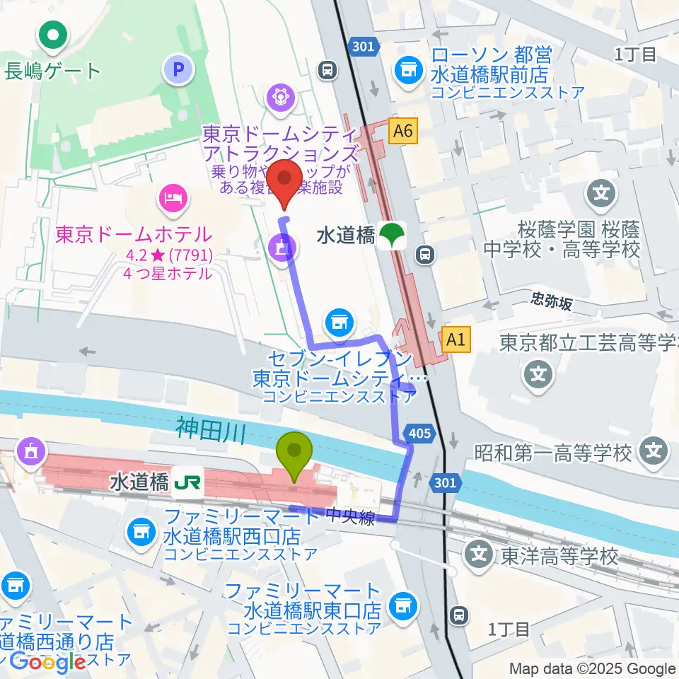 東京ドームシティホール カナデビアホールの最寄駅水道橋駅からの徒歩ルート（約3分）地図