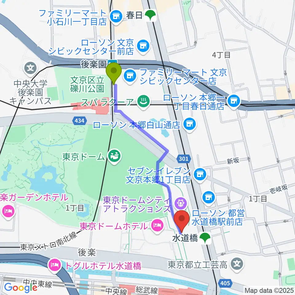 後楽園駅から東京ドームシティホール カナデビアホールへのルートマップ地図