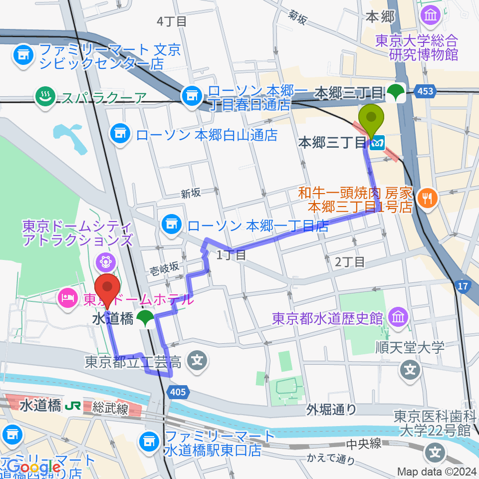 本郷三丁目駅から東京ドームシティホールへのルートマップ地図