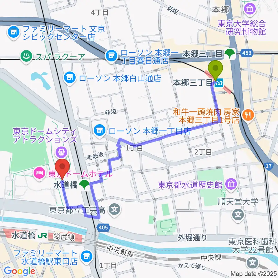 本郷三丁目駅から東京ドームシティホール カナデビアホールへのルートマップ地図