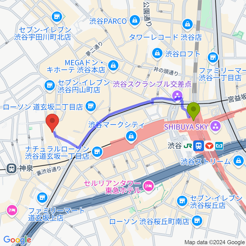 渋谷駅から渋谷Spotify O-WESTへのルートマップ地図