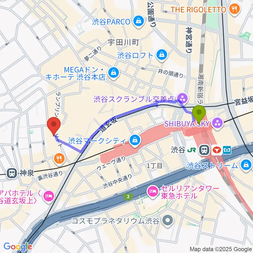 渋谷駅から渋谷Spotify O-WESTへのルートマップ地図