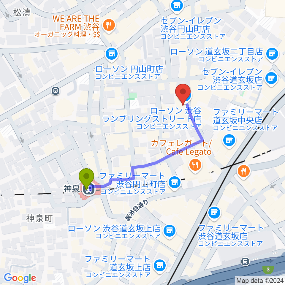 渋谷Spotify O-WESTの最寄駅神泉駅からの徒歩ルート（約4分）地図