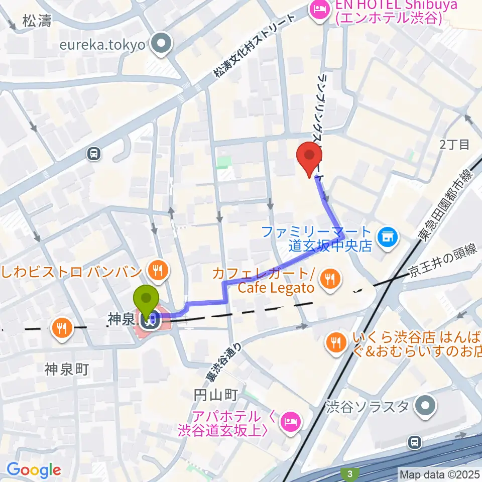 渋谷Spotify O-WESTの最寄駅神泉駅からの徒歩ルート（約4分）地図