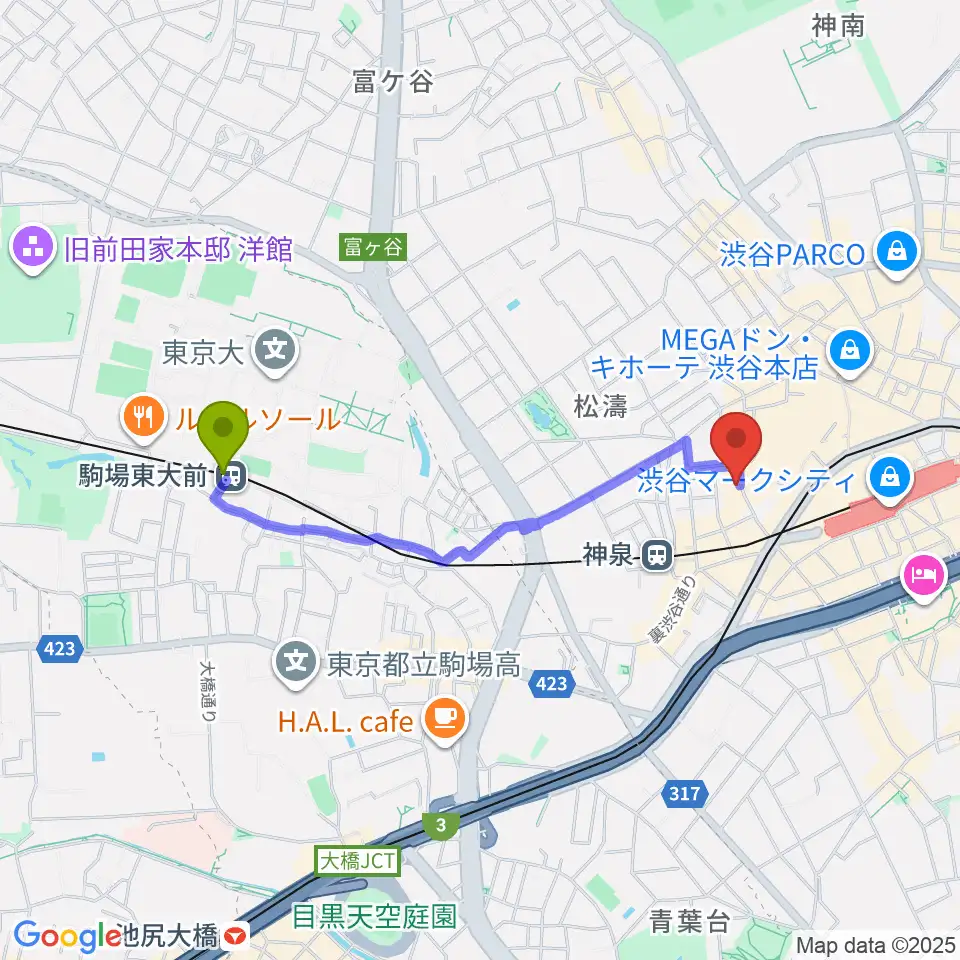 駒場東大前駅から渋谷Spotify O-WESTへのルートマップ地図