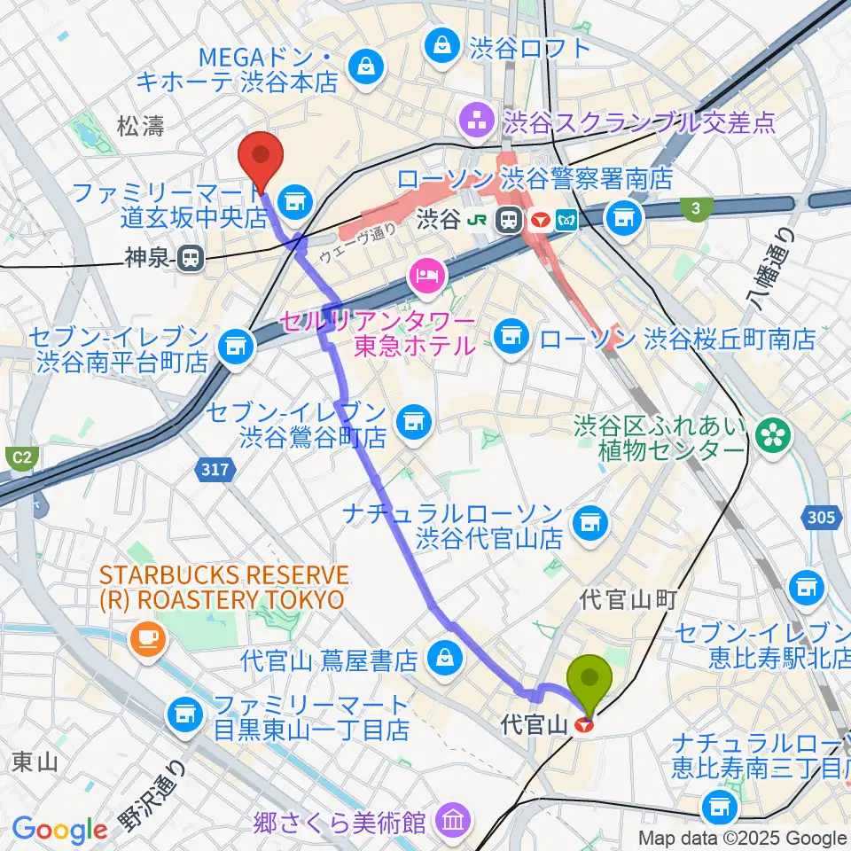 代官山駅から渋谷Spotify O-WESTへのルートマップ地図