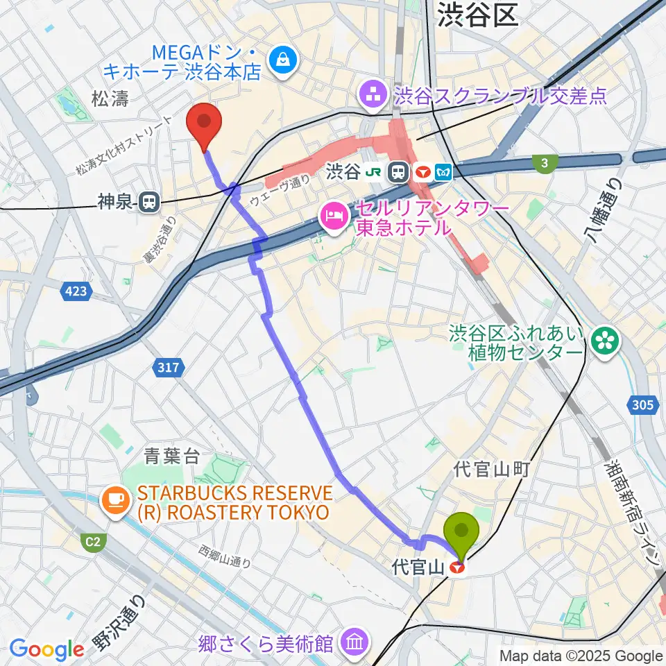 代官山駅から渋谷Spotify O-WESTへのルートマップ地図