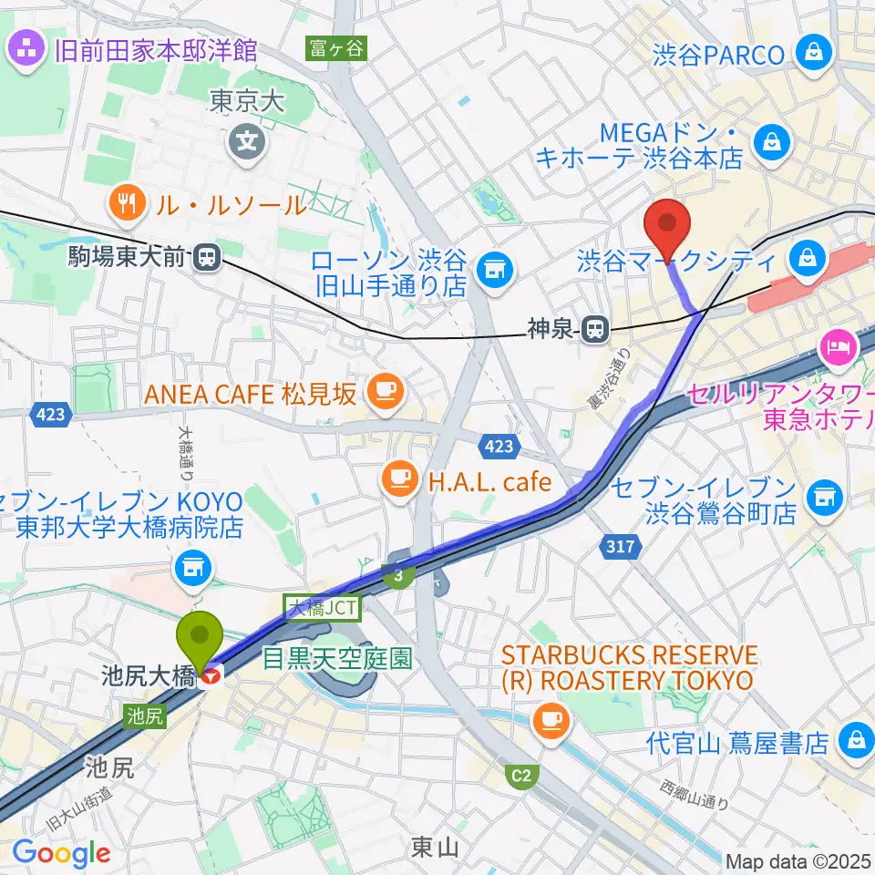 池尻大橋駅から渋谷Spotify O-WESTへのルートマップ地図