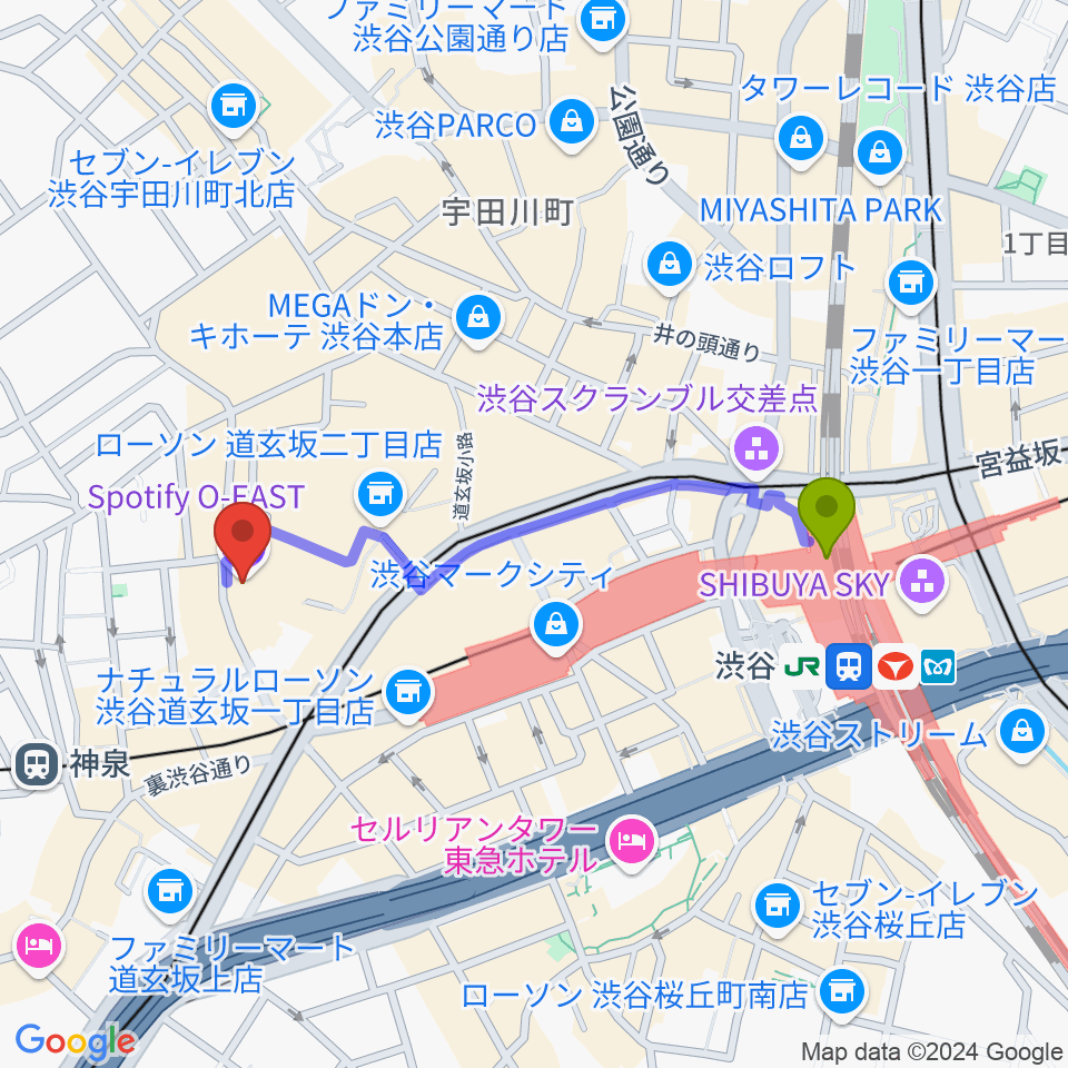 渋谷駅から渋谷Spotify O-EASTへのルートマップ地図