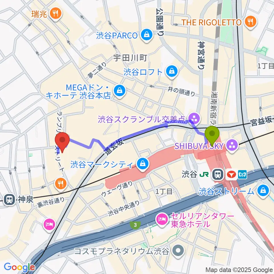 渋谷駅から渋谷Spotify O-EASTへのルートマップ地図