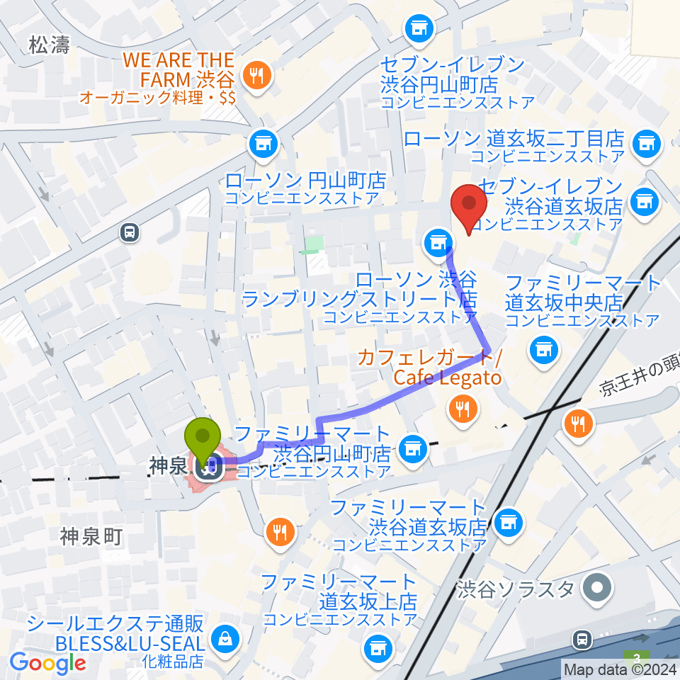 渋谷Spotify O-EASTの最寄駅神泉駅からの徒歩ルート（約4分）地図