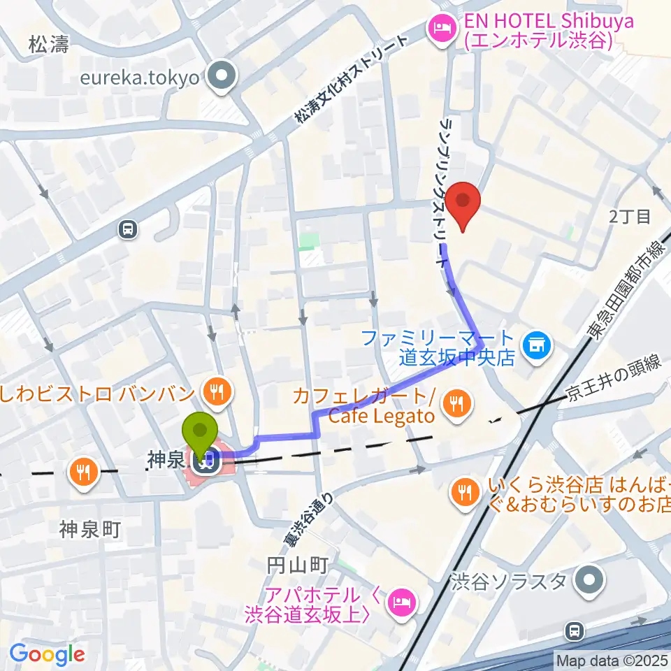 渋谷Spotify O-EASTの最寄駅神泉駅からの徒歩ルート（約4分）地図