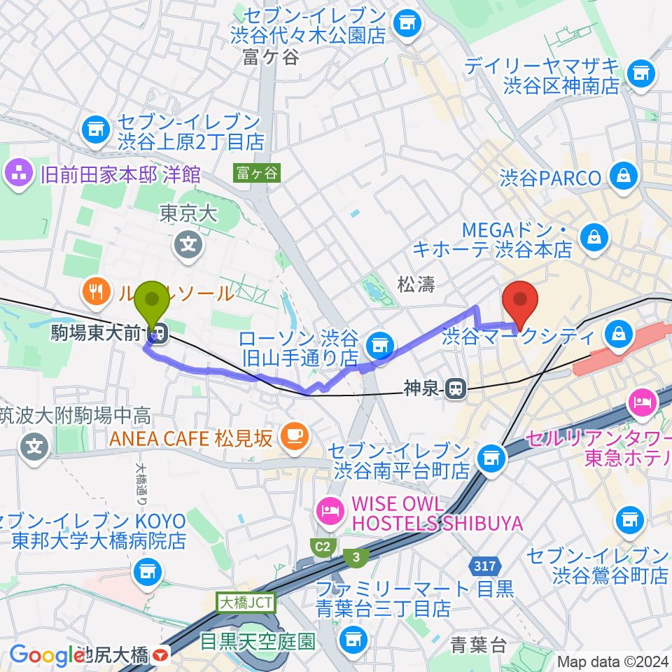 駒場東大前駅から渋谷Spotify O-EASTへのルートマップ地図