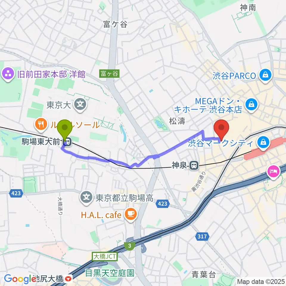 駒場東大前駅から渋谷Spotify O-EASTへのルートマップ地図