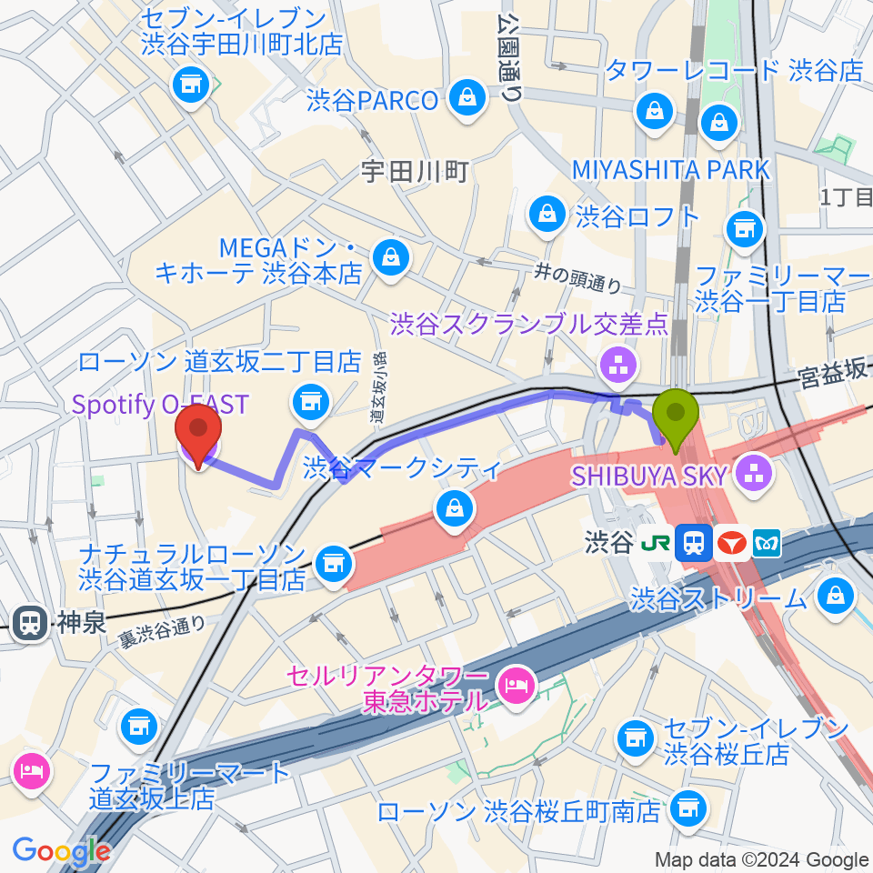 渋谷駅から渋谷Spotify O-Crest へのルートマップ地図