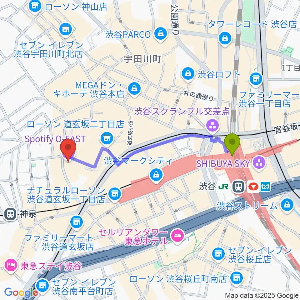 渋谷駅から渋谷Spotify O-Crest へのルートマップ地図