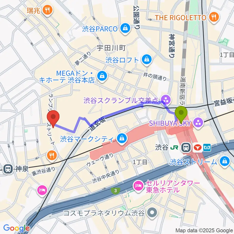 渋谷駅から渋谷Spotify O-Crest へのルートマップ地図