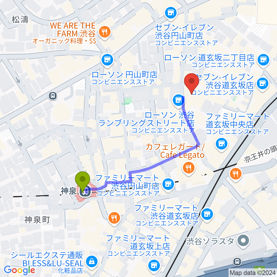 渋谷Spotify O-Crest の最寄駅神泉駅からの徒歩ルート（約4分）地図