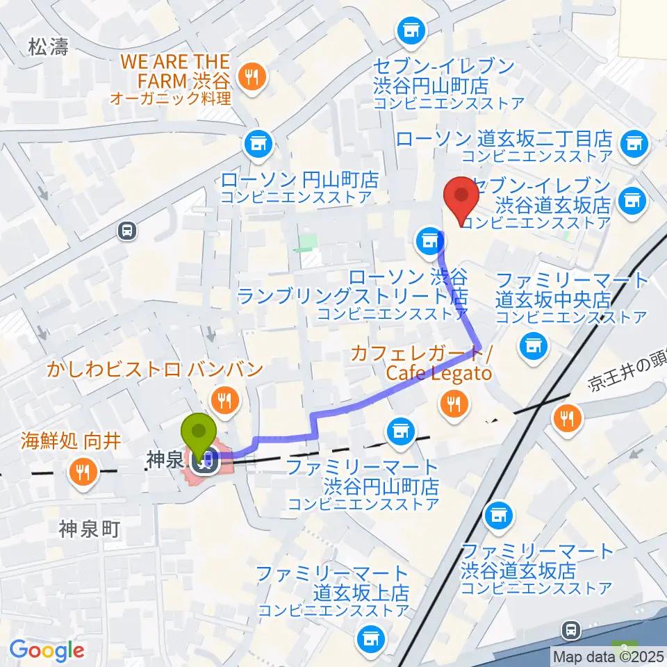 渋谷Spotify O-Crest の最寄駅神泉駅からの徒歩ルート（約4分）地図