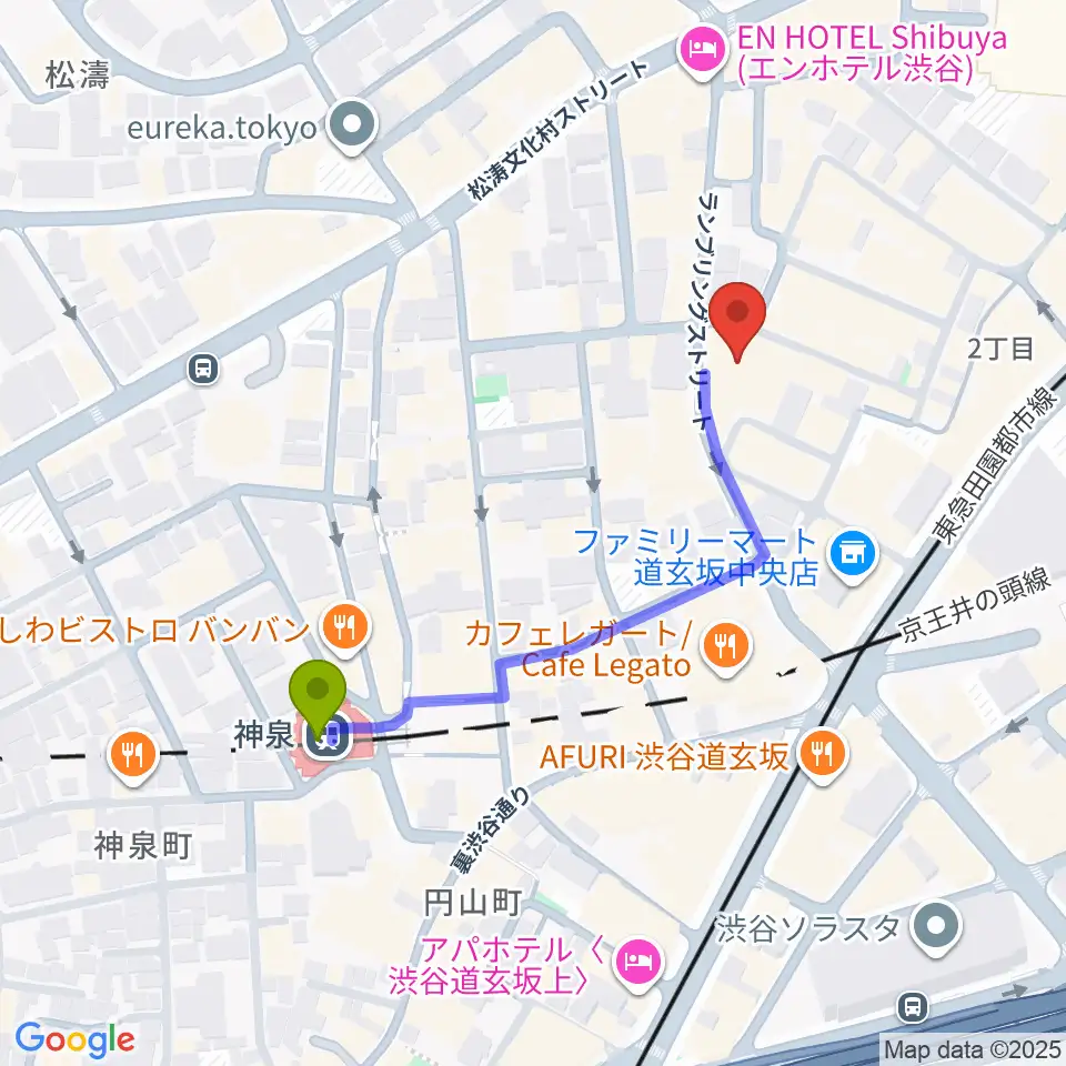 渋谷Spotify O-Crest の最寄駅神泉駅からの徒歩ルート（約4分）地図