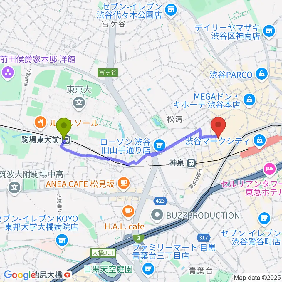 駒場東大前駅から渋谷Spotify O-Crest へのルートマップ地図