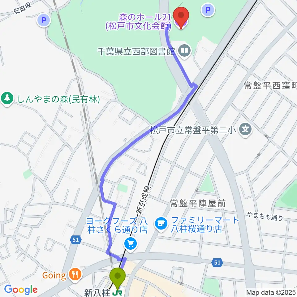 森のホール21の最寄駅新八柱駅からの徒歩ルート（約14分）地図