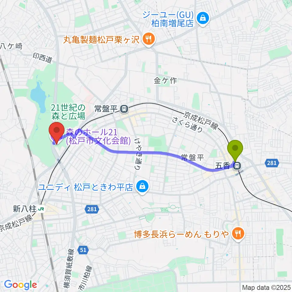 五香駅から森のホール21へのルートマップ地図