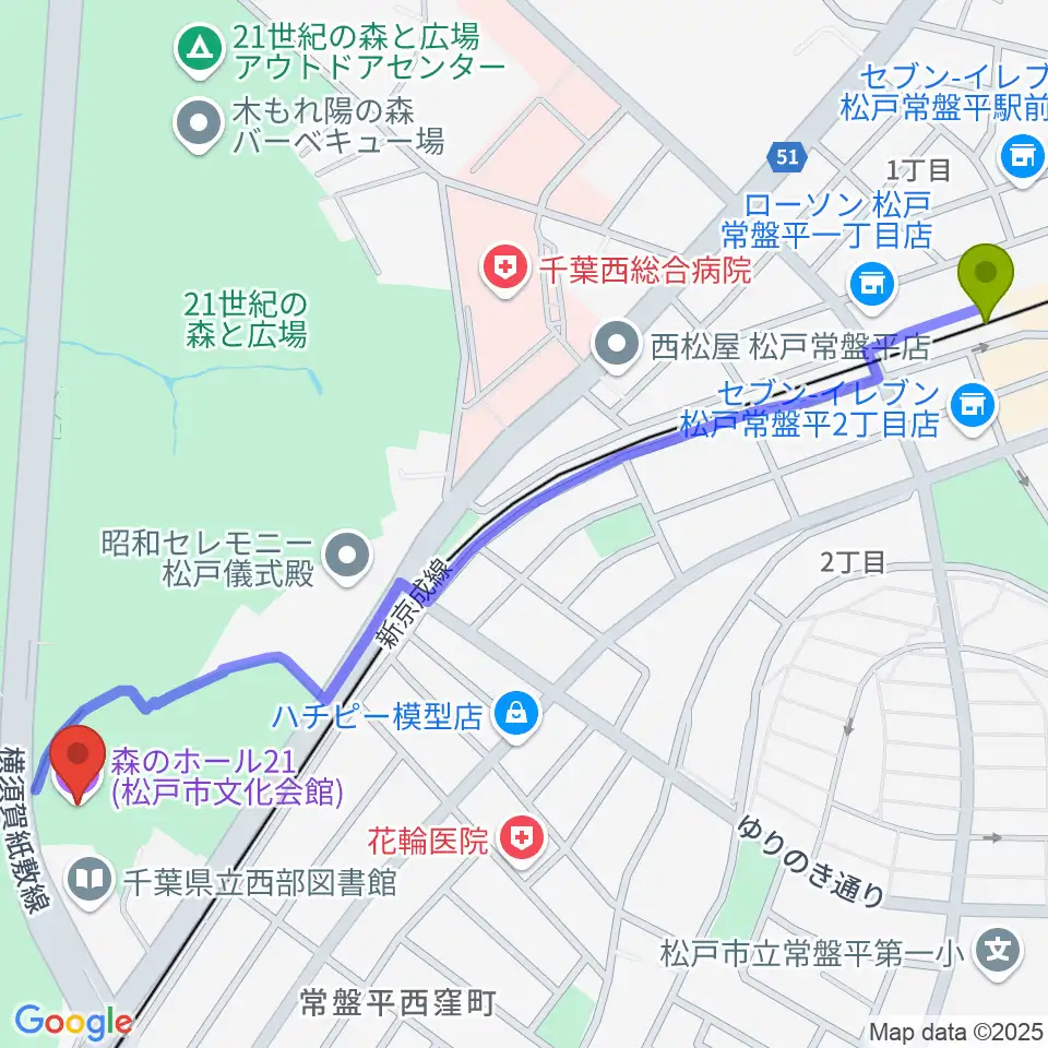 常盤平駅から森のホール21へのルートマップ地図