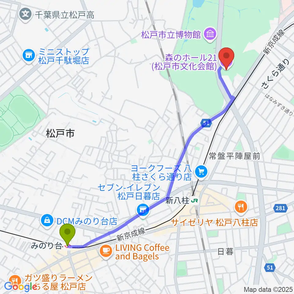 みのり台駅から森のホール21へのルートマップ地図