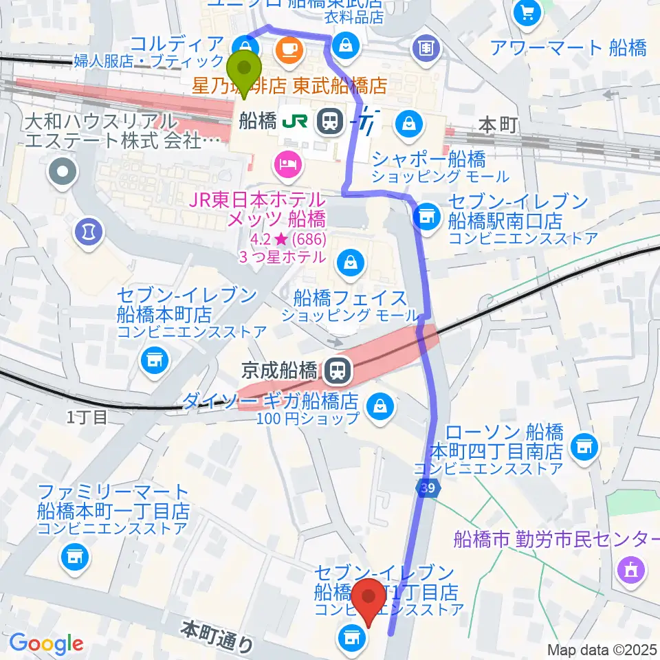 伊藤楽器 マイスター船橋の最寄駅船橋駅からの徒歩ルート（約6分）地図