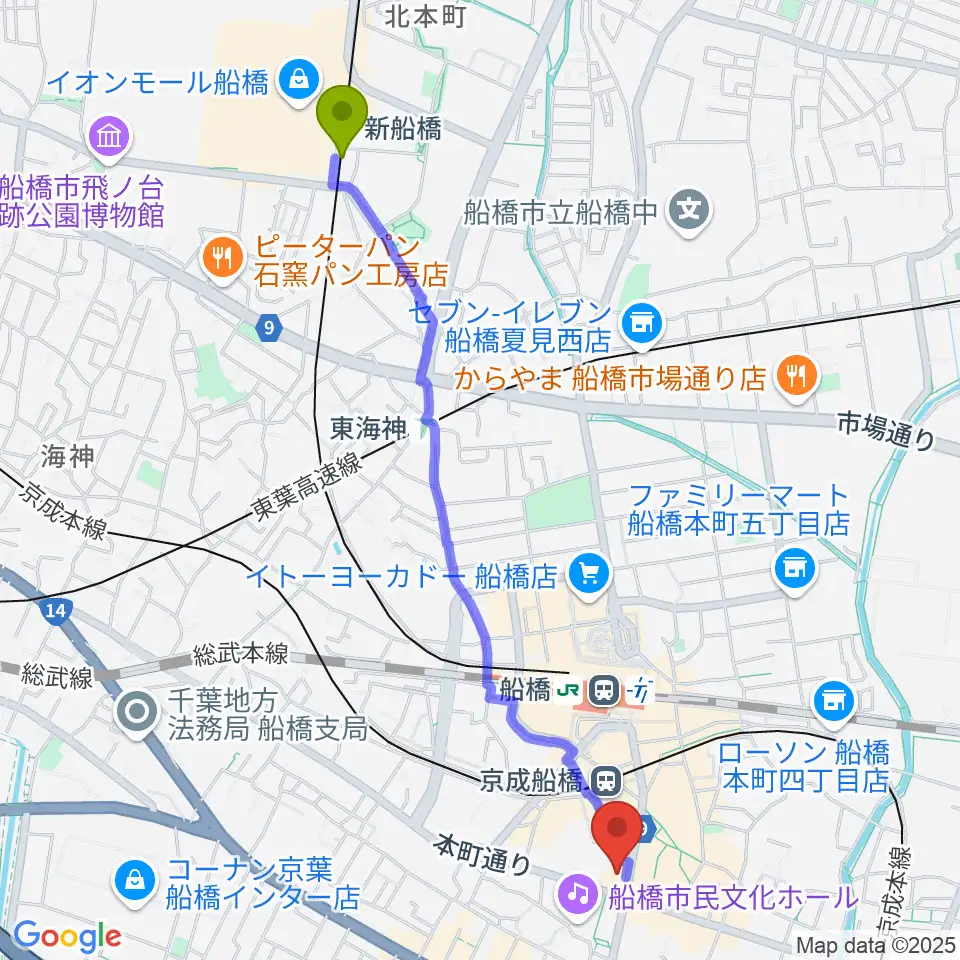 新船橋駅から伊藤楽器 マイスター船橋へのルートマップ地図