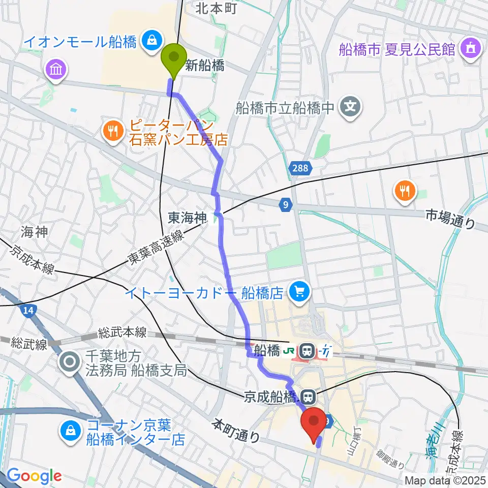 新船橋駅から伊藤楽器 マイスター船橋へのルートマップ地図